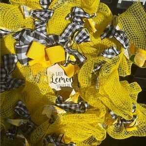 Yellow Lemon Mesh Wreath with Black Gingham Bows